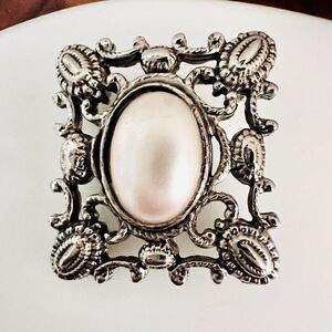 Vintage Brooch Art Nouveau Silver Tone Faux Pearl Ornate Art Unique Gothic 1337